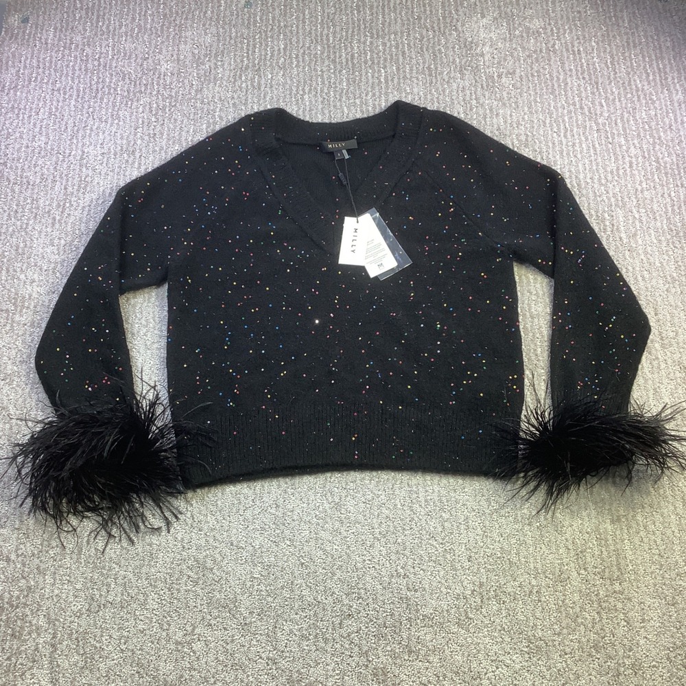 MILLY Black Feather Cuff Sequin V Neck Sweater Size S NWT